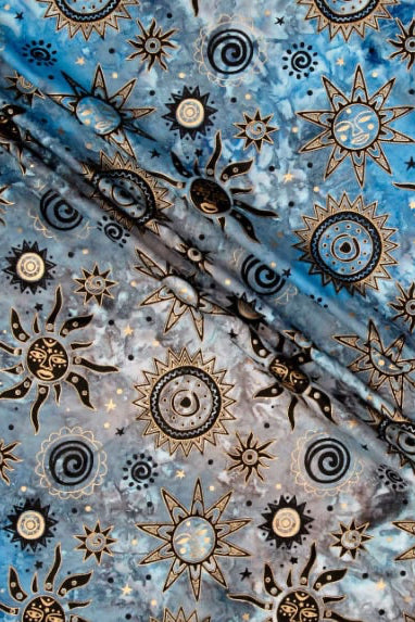 Blue patterned fabric detail for reversible womens Burning Man coat, boho festival jacket and playa clothing