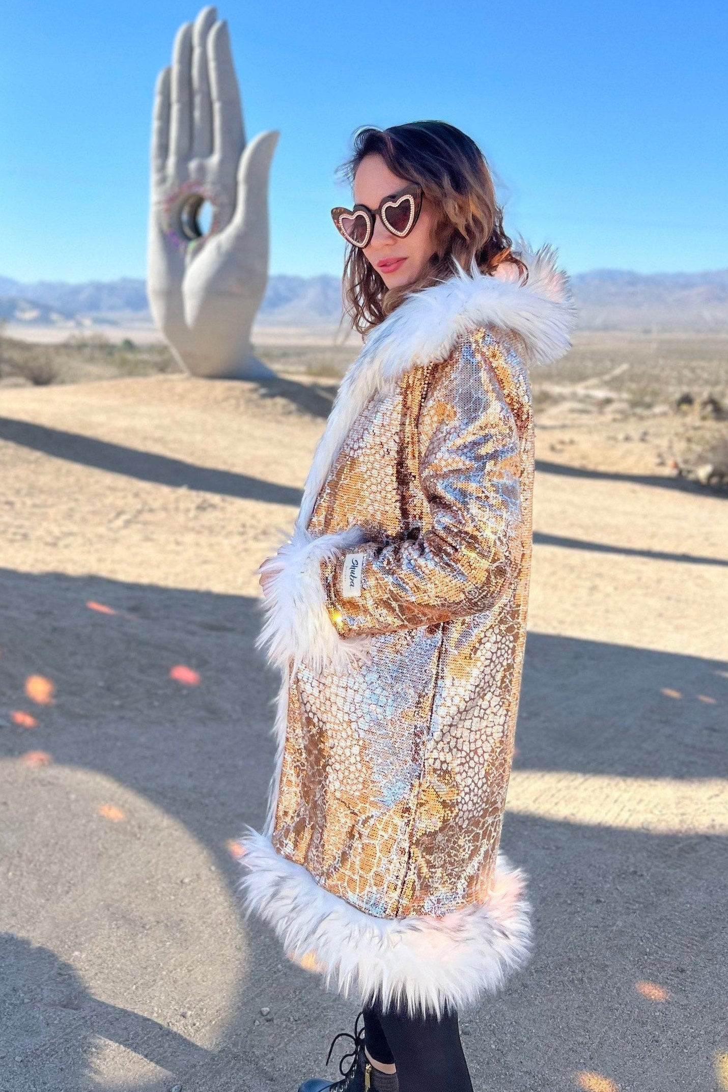 Reflective Burning Man coat for women, gold festival jacket with white faux fur trim, desert playa outfit