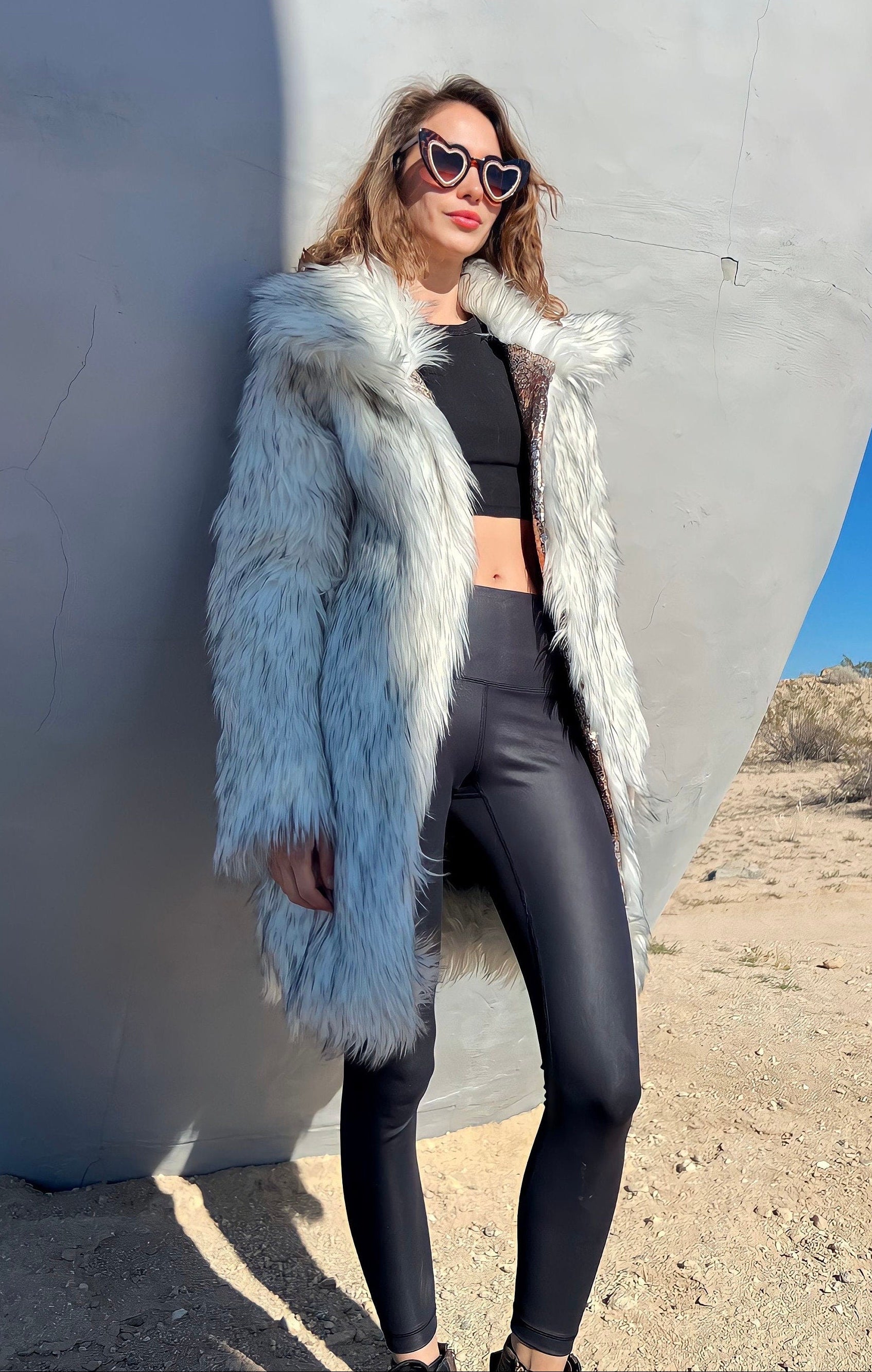 White faux fur coat side of reversible womens Burning Man jacket, warm festival and playa outerwear