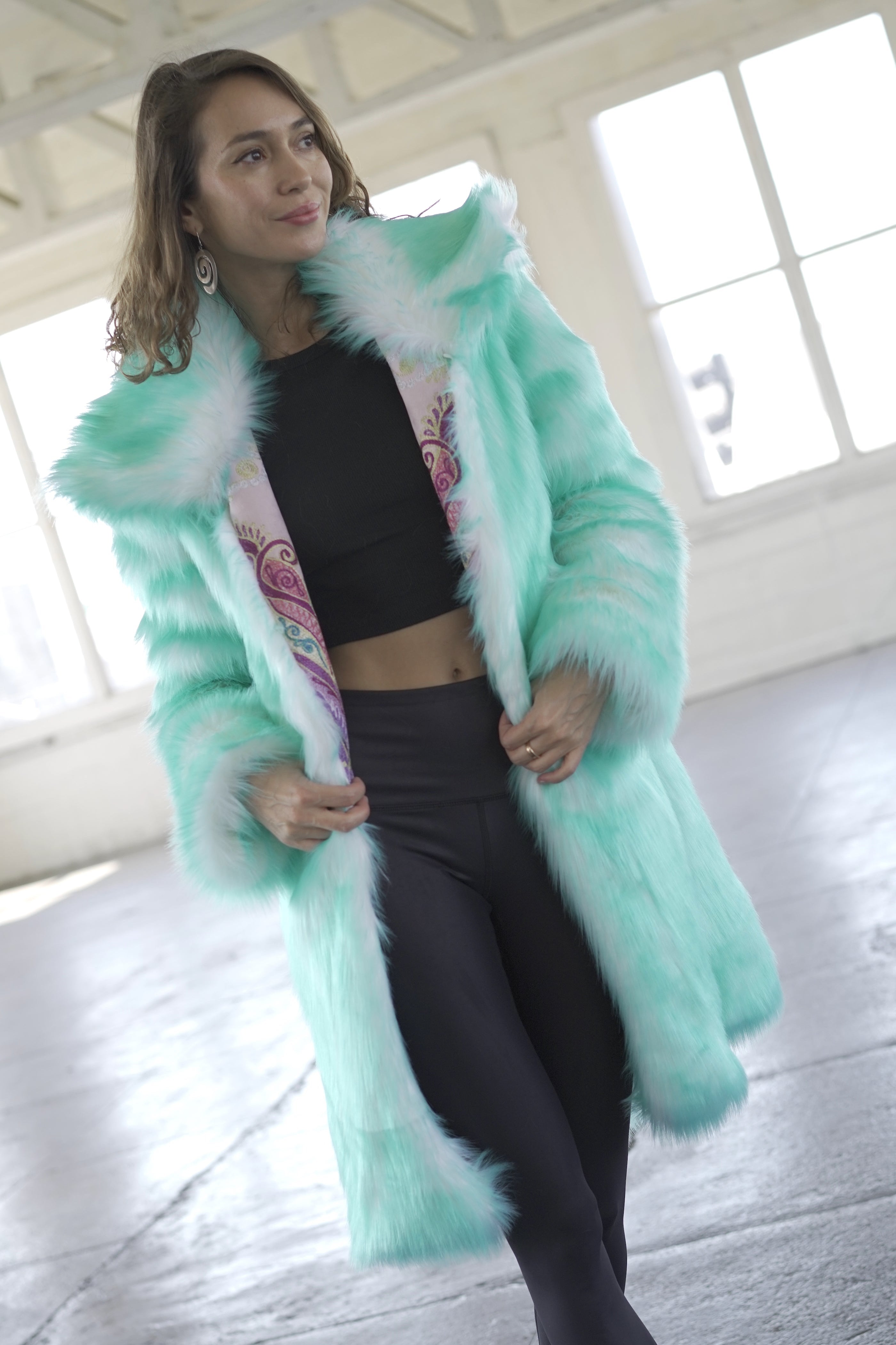Mint faux fur festival coat with Purple Flower colorful mandala embroidered lining