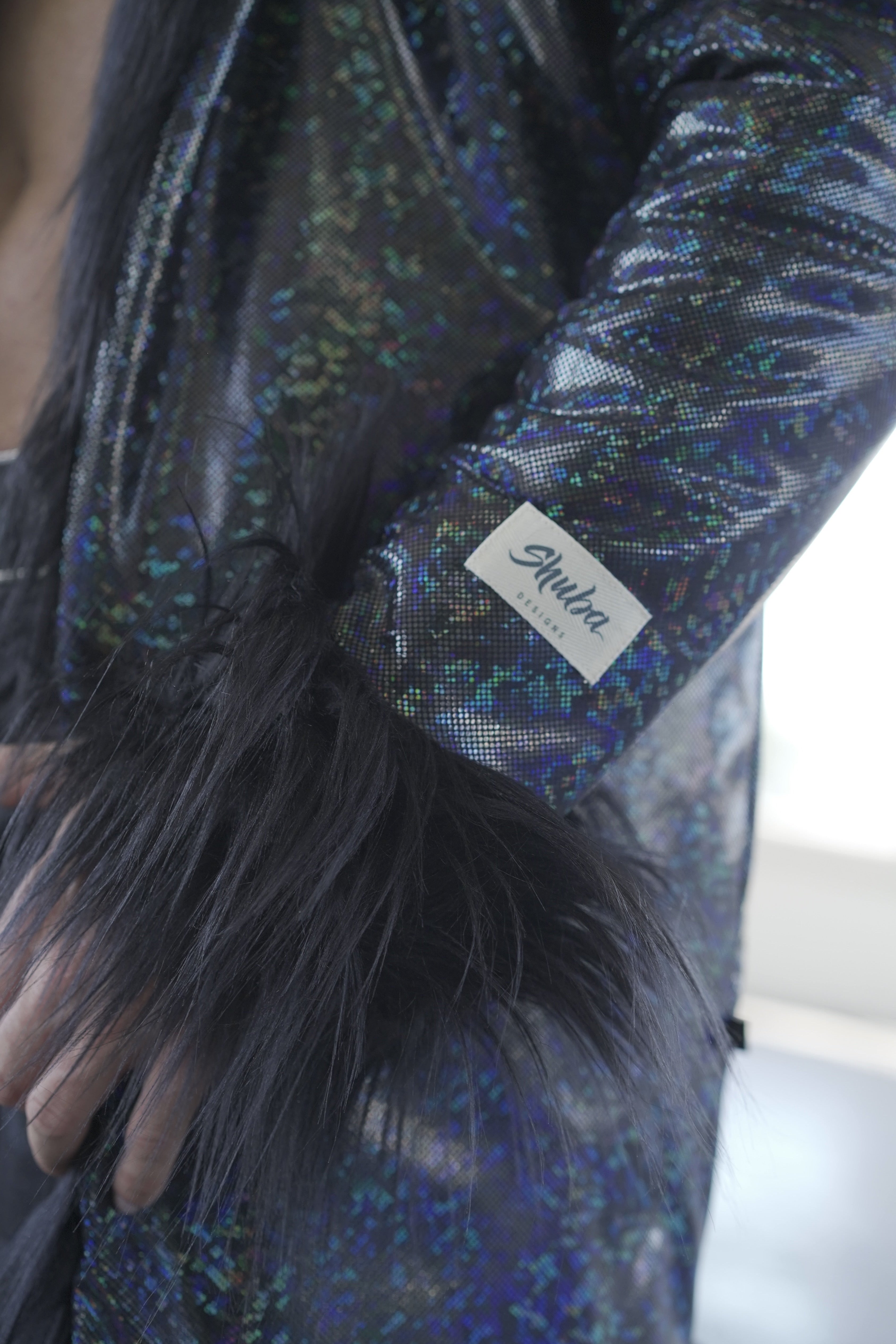 Hooded festival coat with holographic spandex