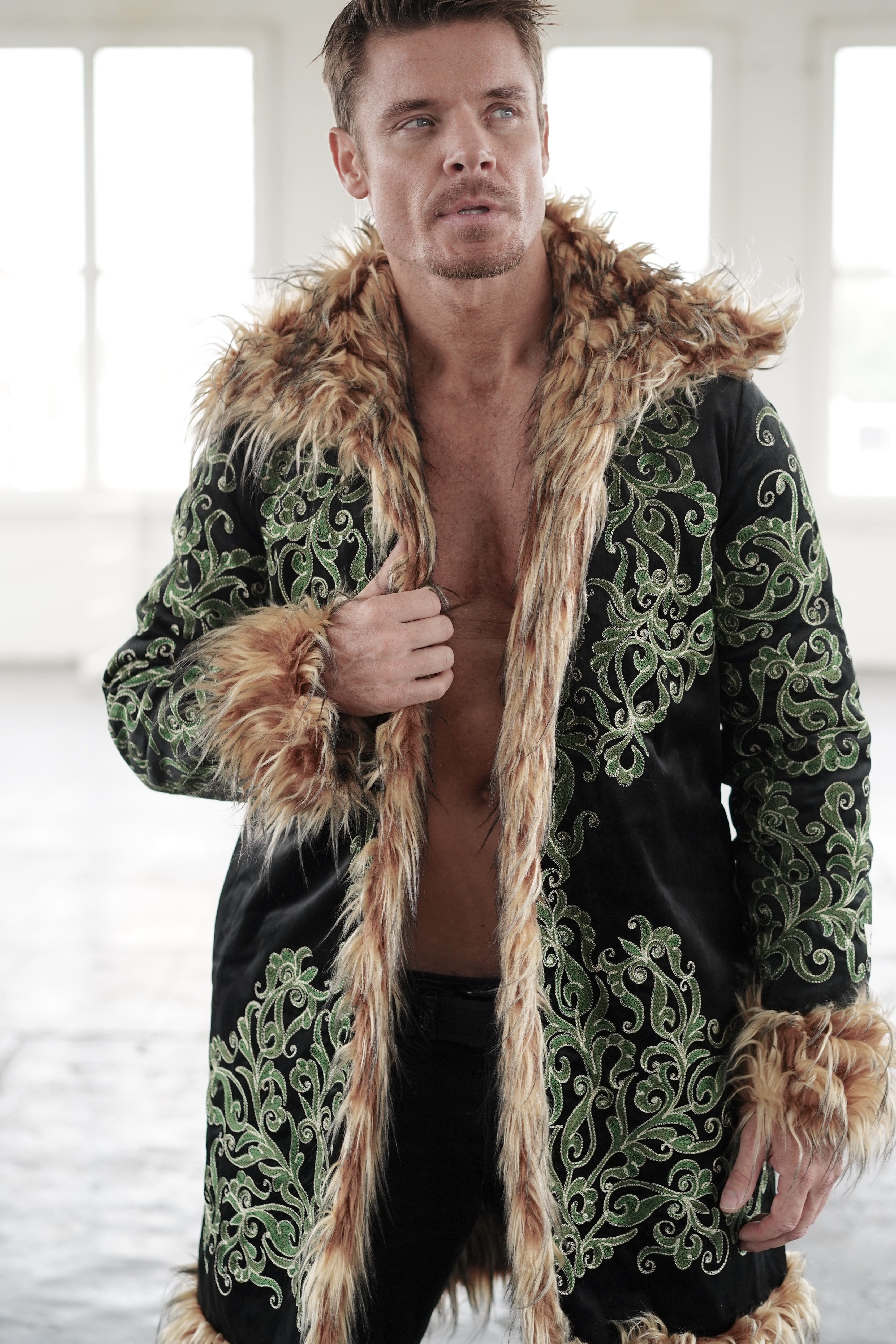 Men's Tree of Life festival jacket with handcrafted Uzbek embroidery and faux fur details