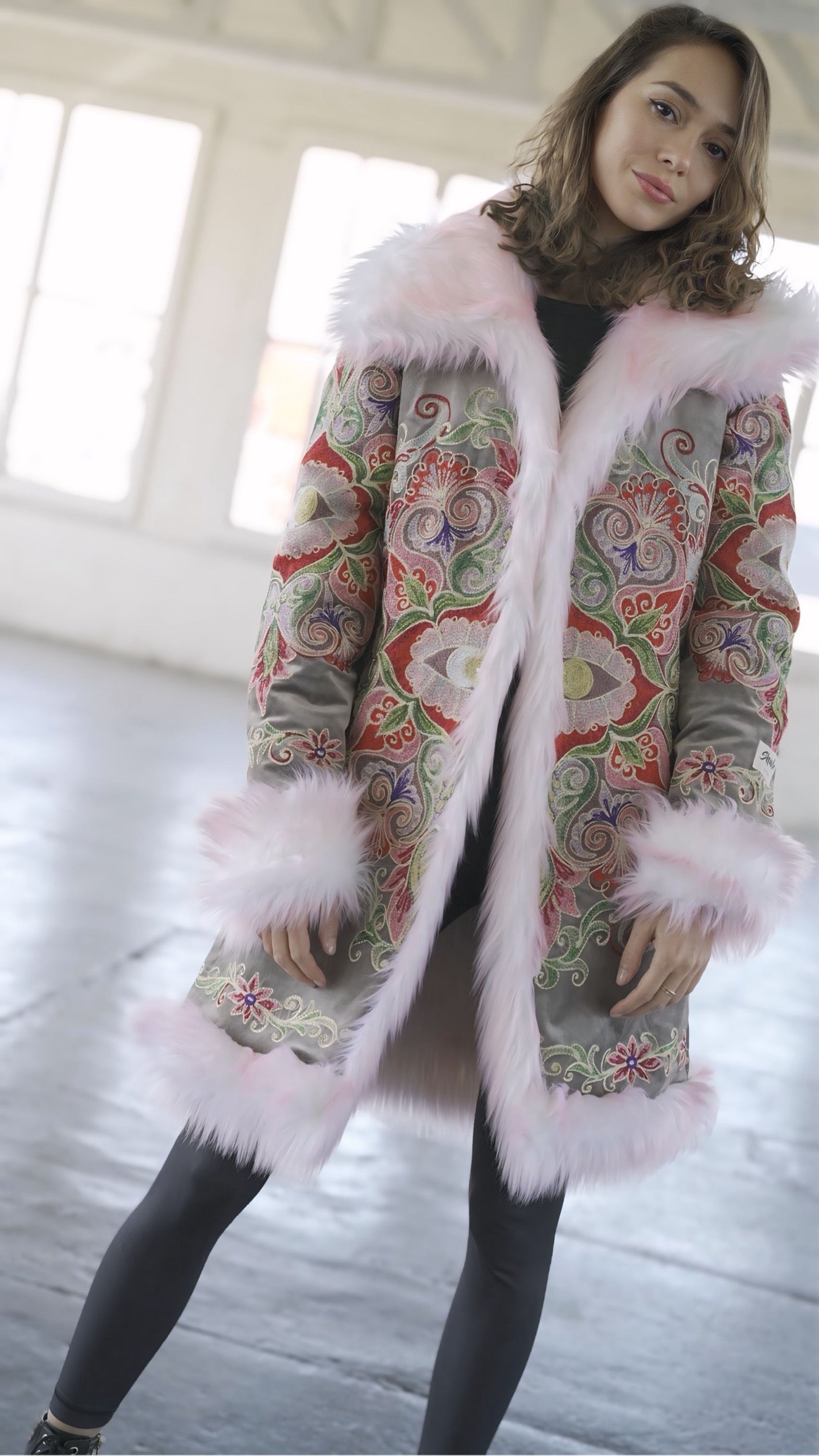 Red Flower pink faux fur coat with colorful embroidered reverse side for Burning Man and festivals