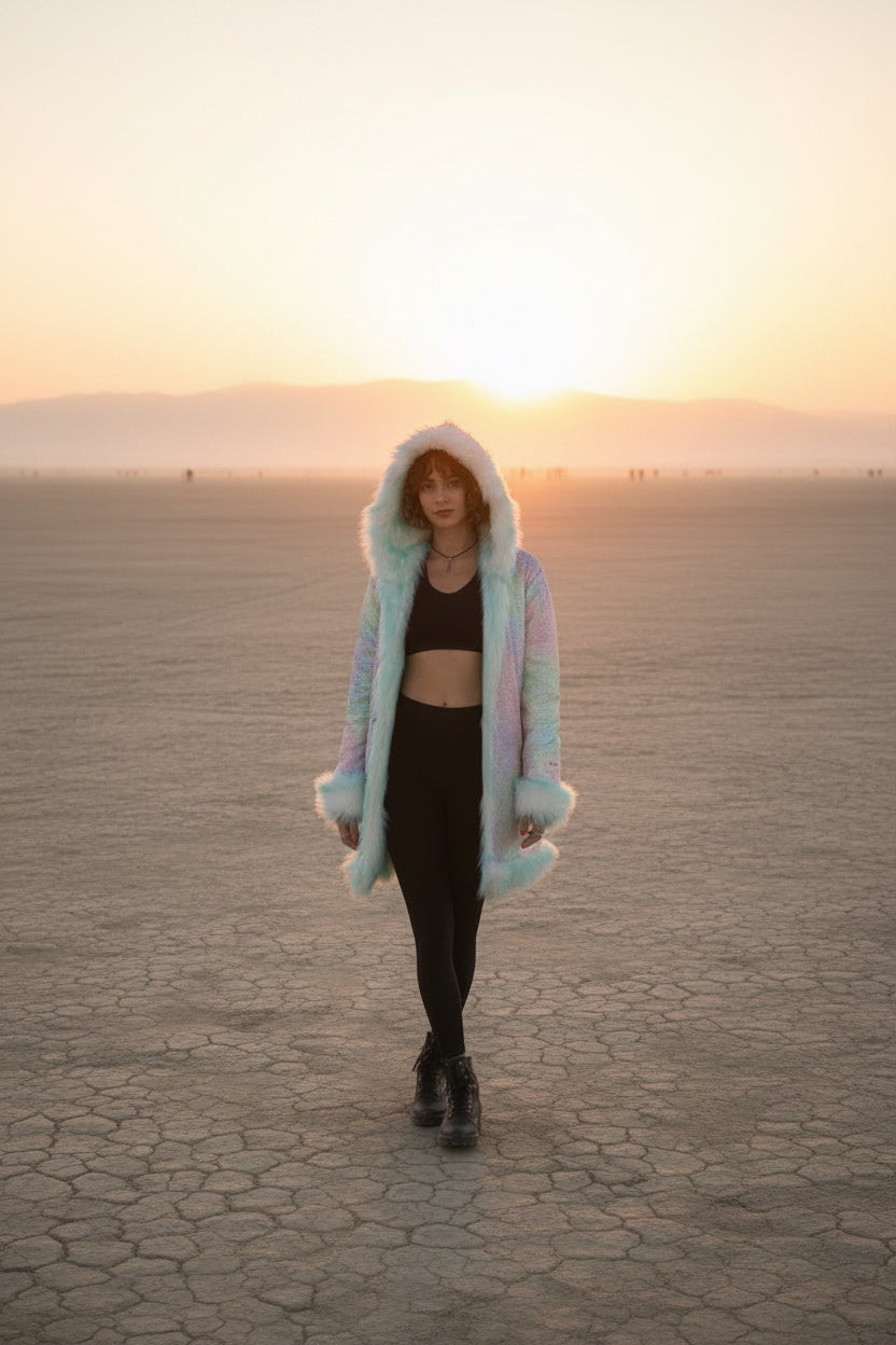 Iridescent burning man coat with cozy hood