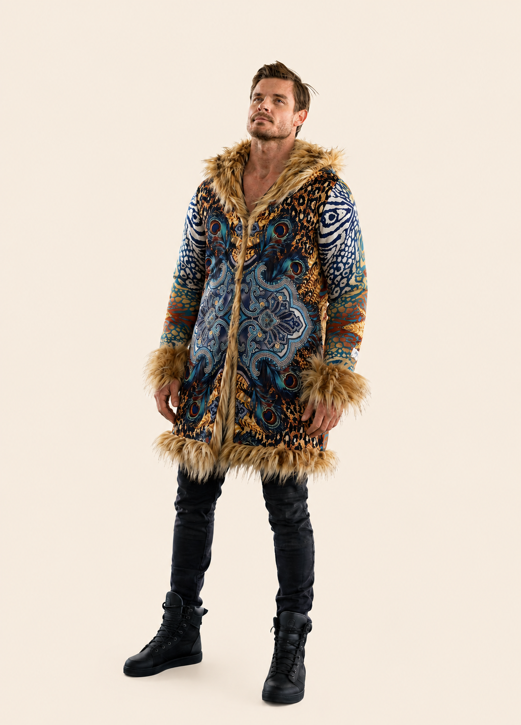 Man wearing a patterned coat with fur trim on a beige background