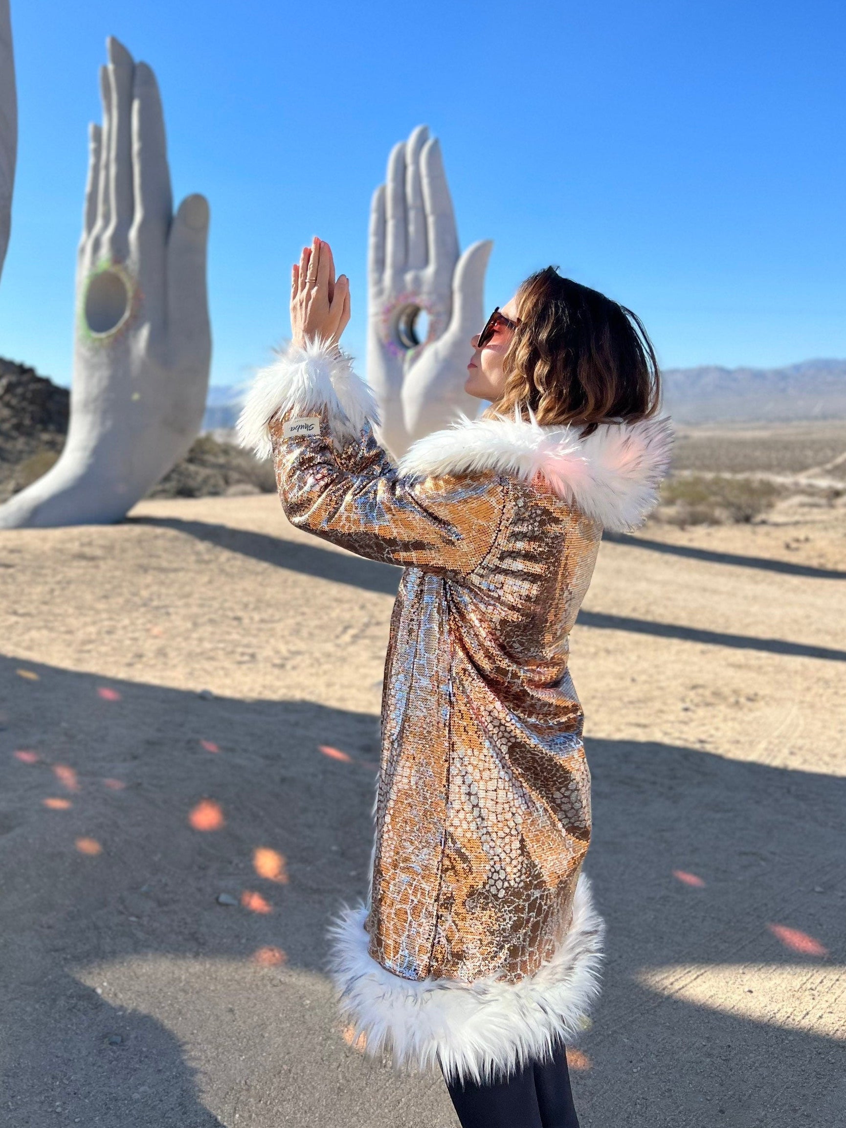 Metallic festival jacket for women, reflective Burning Man coat with white faux fur trim, playa outfit