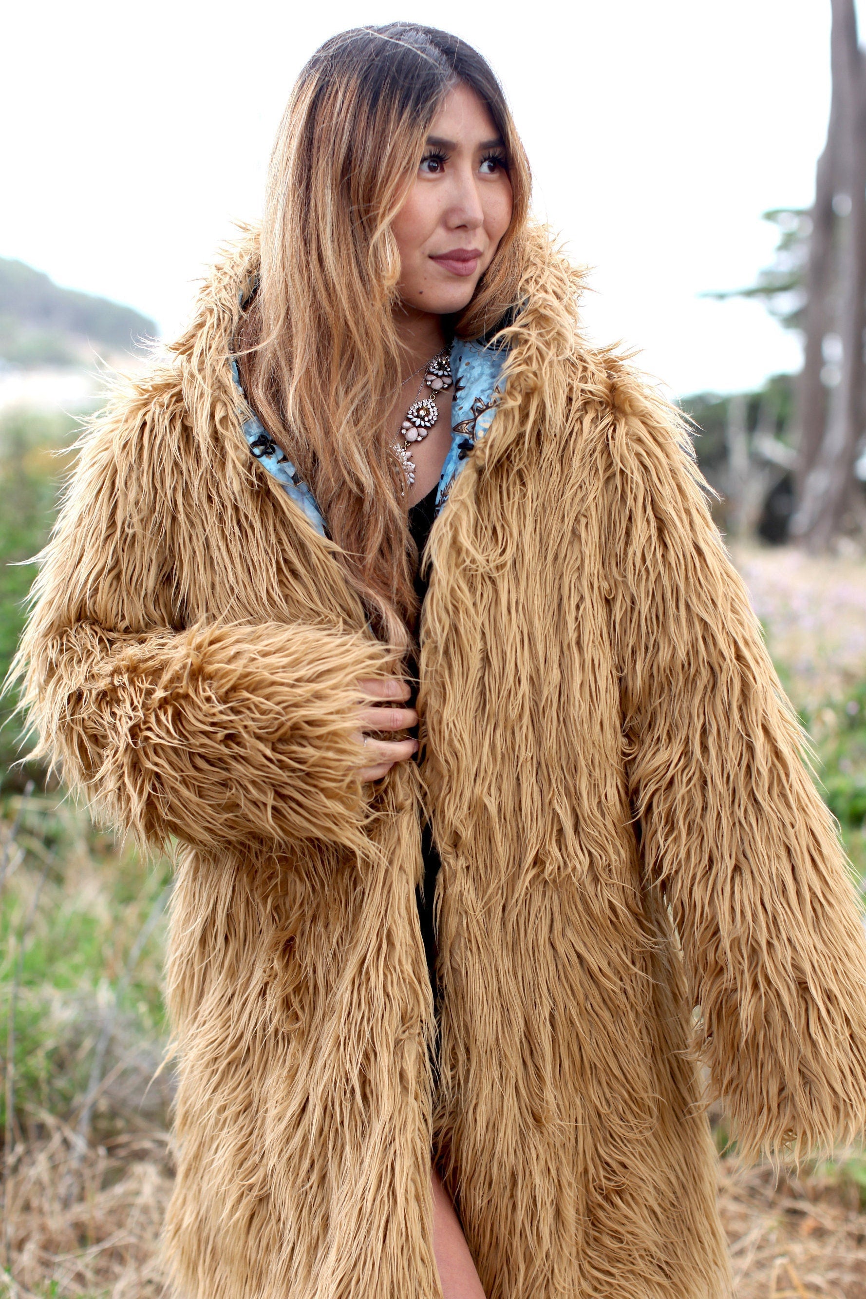 Long brown faux fur festival coat for women, Burning Man playa clothing and reversible statement jacket