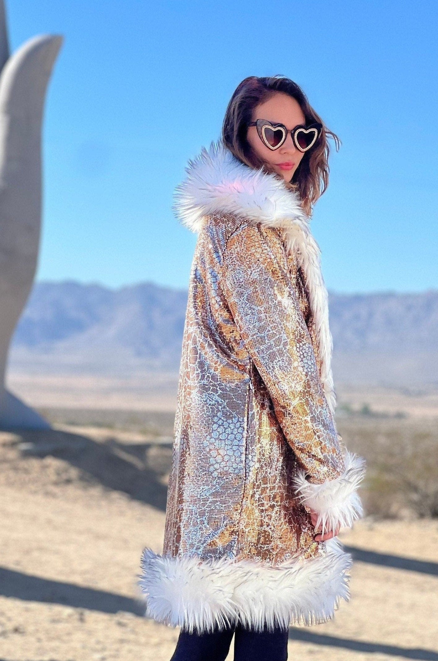 Shiny Gold festival jacket for women, reflective Burning Man coat with white faux fur trim, playa outfit