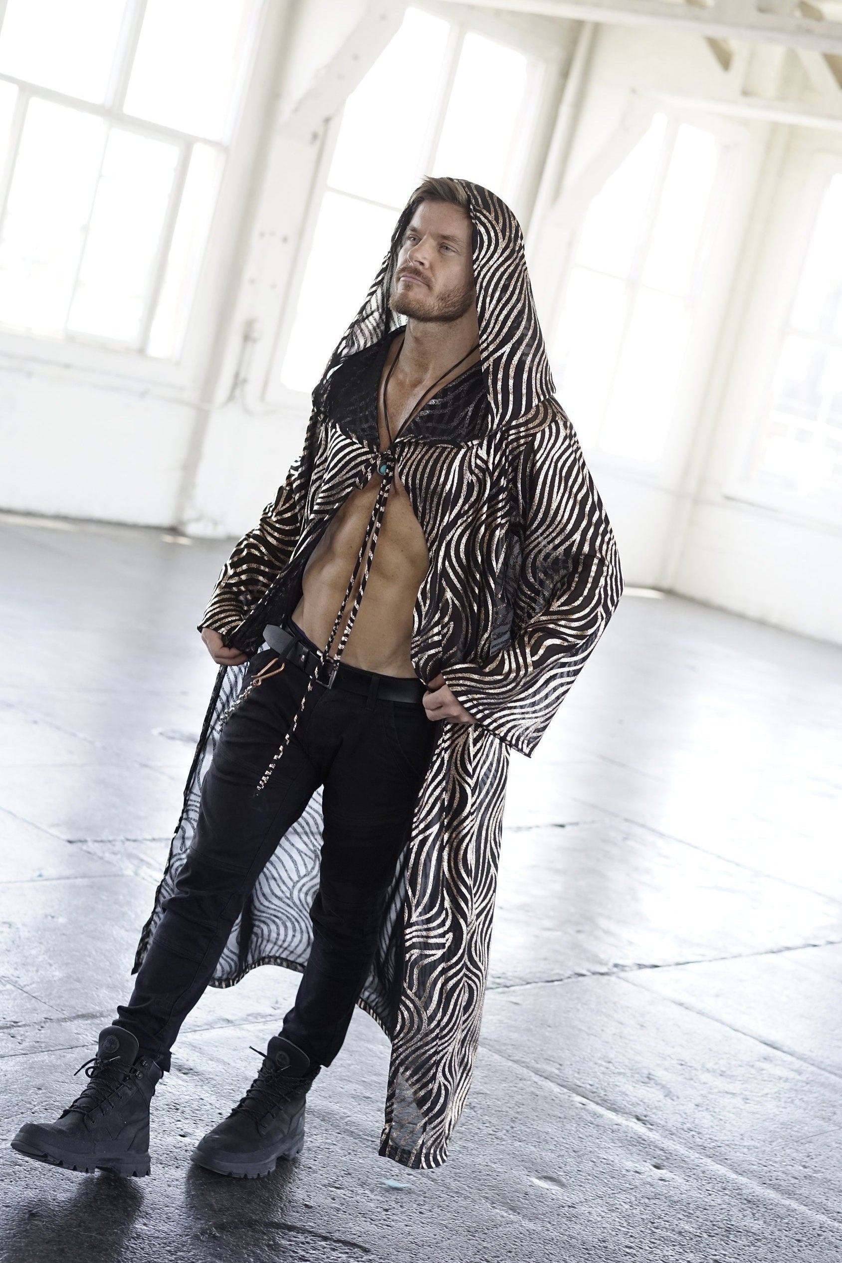 Gold Hooded Kimono Cape - Festival Rave Cardigan, Mens Boho Clothing