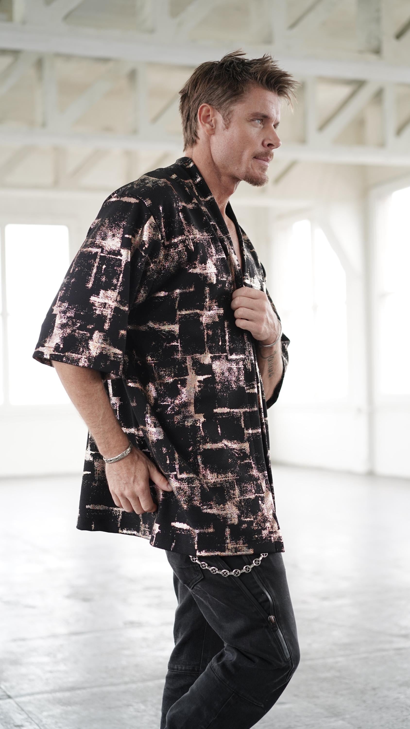 Gold Patches Festival Mens Kimono Short Clothing Rave Outfit Accessories Burning Man Coat Tulum Nomad Vintage Men Japan style Urban Silk