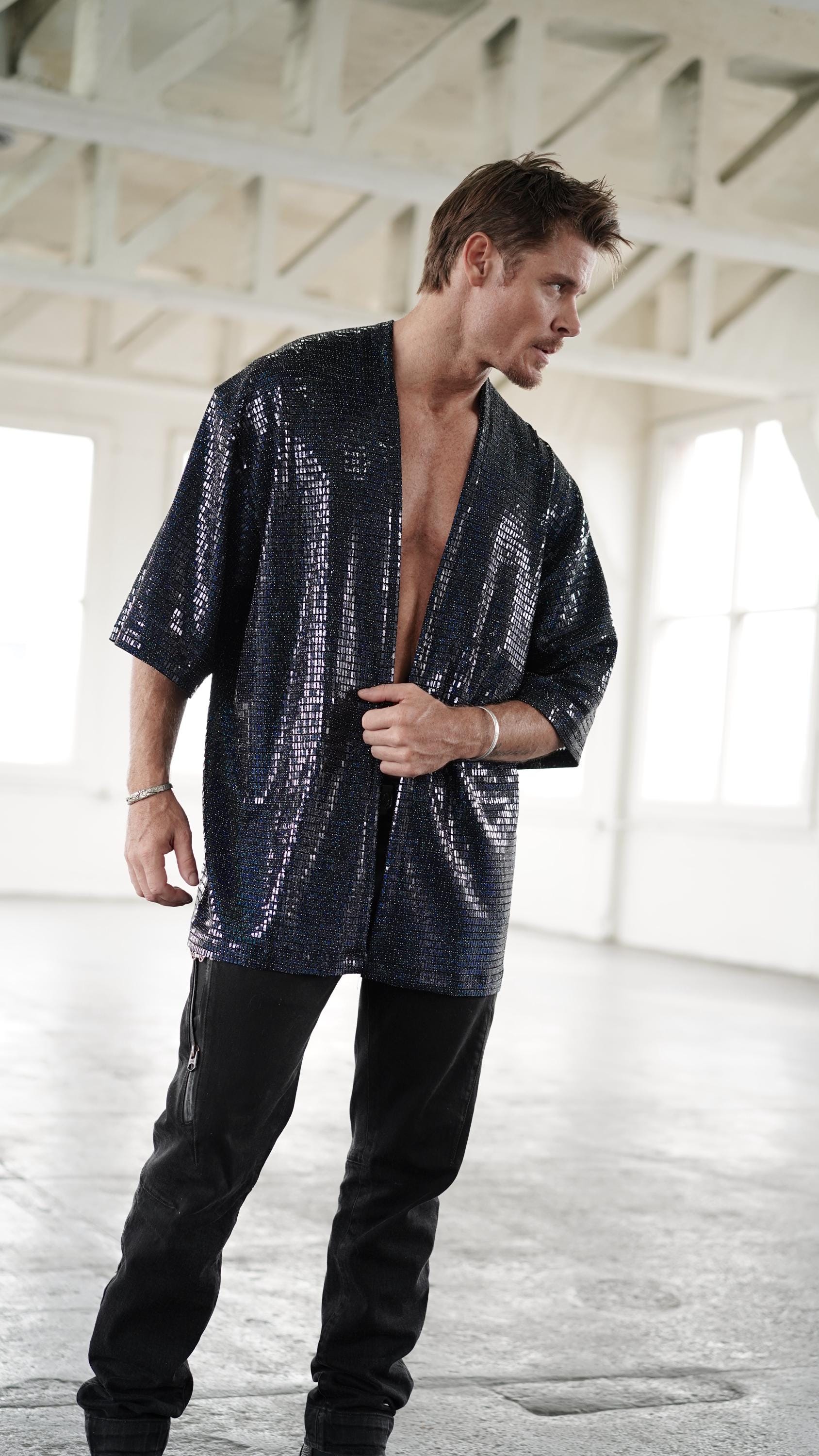 Disco Ball Black Mens Kimono Iridescent Holographic Festival Clothing Shiny Jacket Burning Man Silk Robe Rave Outfit Shirt