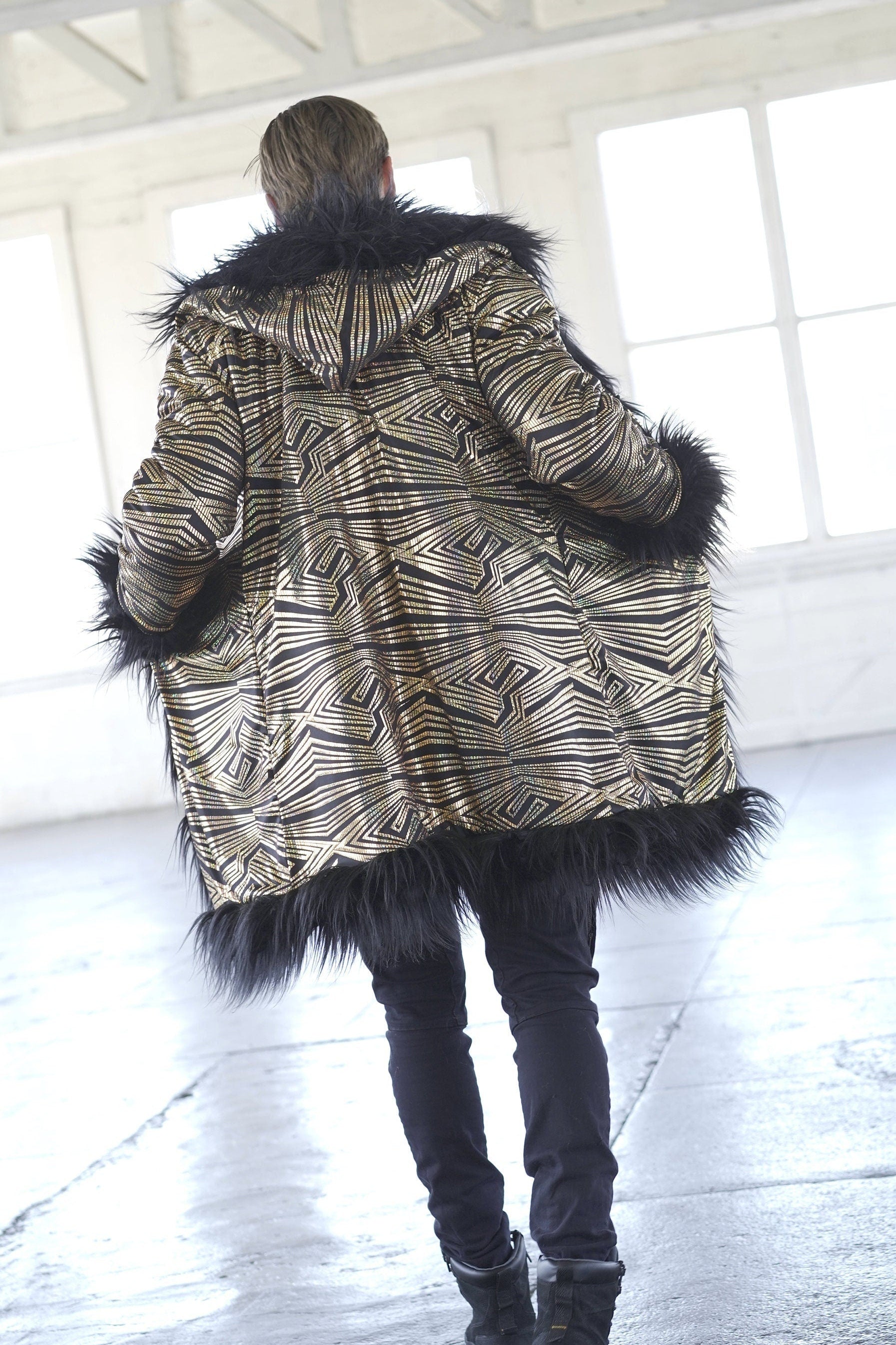 BLACK GOLD Fur Coat Shaggy Furry Playa Faux Fake Boho Bohemian Fluffy Jacket Festival Costume Gold Burning Man Mens Clothing Funky style