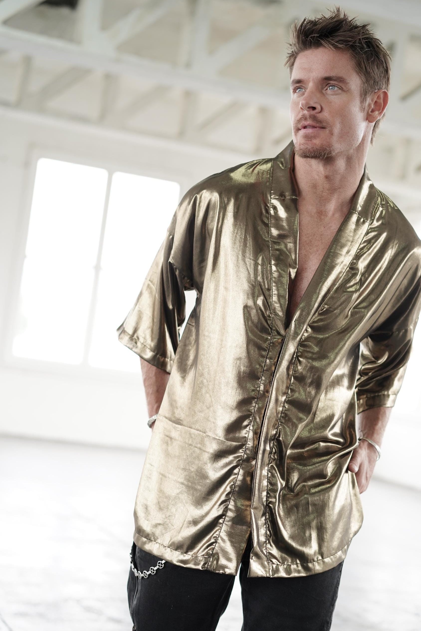 Bronze Shiny Kimono Shirt: Festival Rave Clothing, Unisex XS-XL