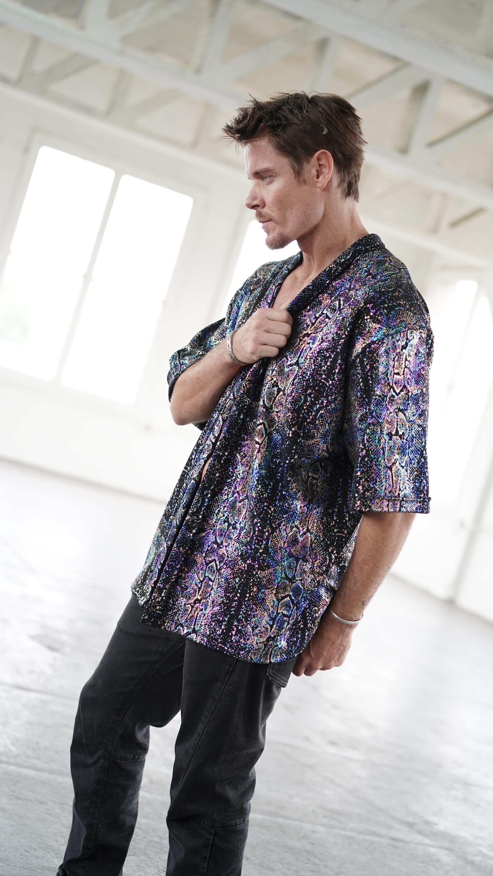 Blue Snake Print Iridescent Mens Kimono Holographic Festival Clothing Shiny Jacket Burning Man Silk Robe Rave Outfit Shirt Party Wear