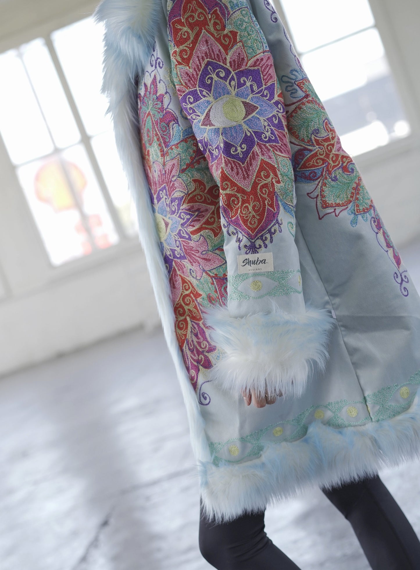 BLUE MANDALA Embroidery Fur Coat