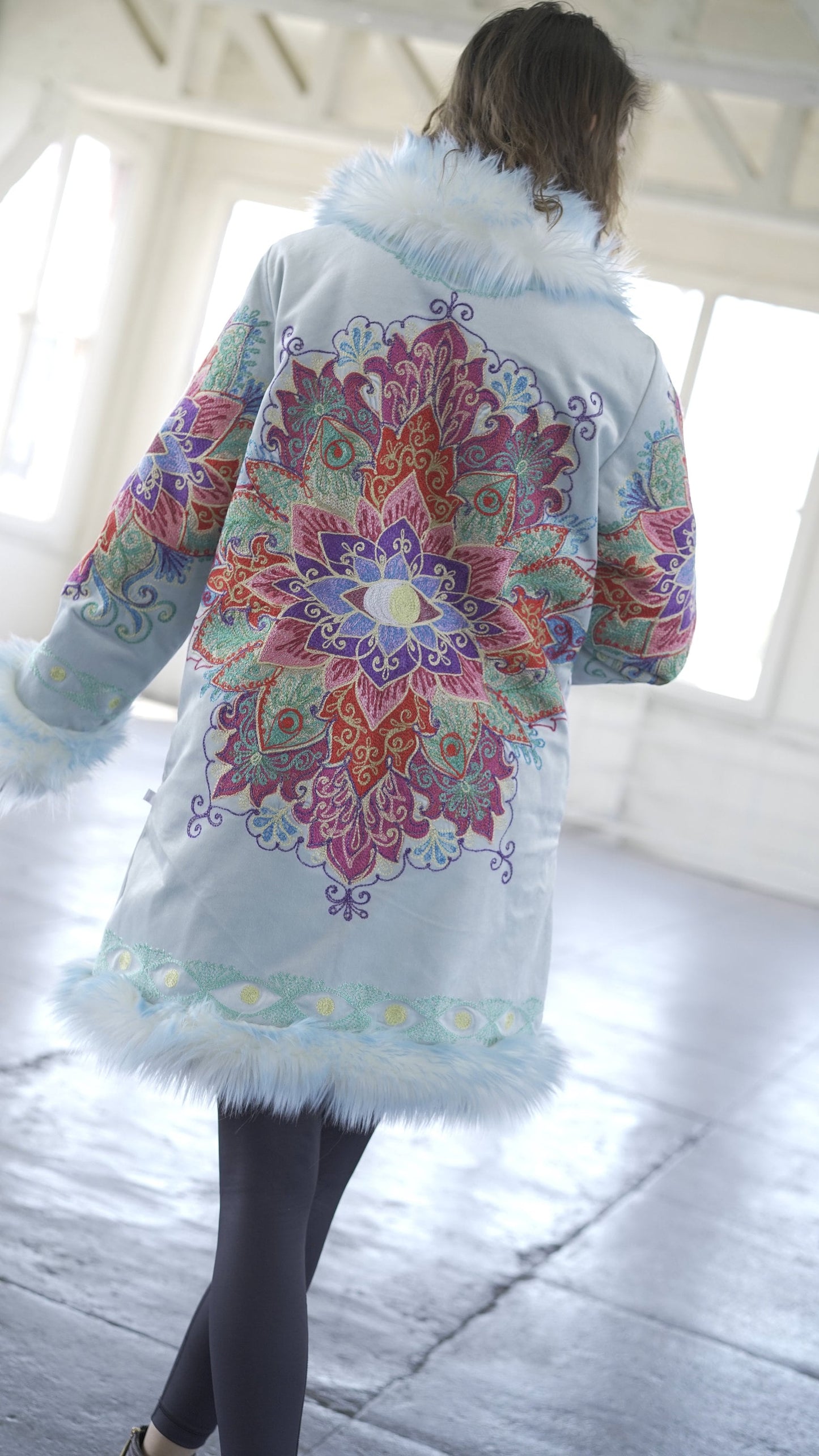 BLUE MANDALA Embroidery Fur Coat