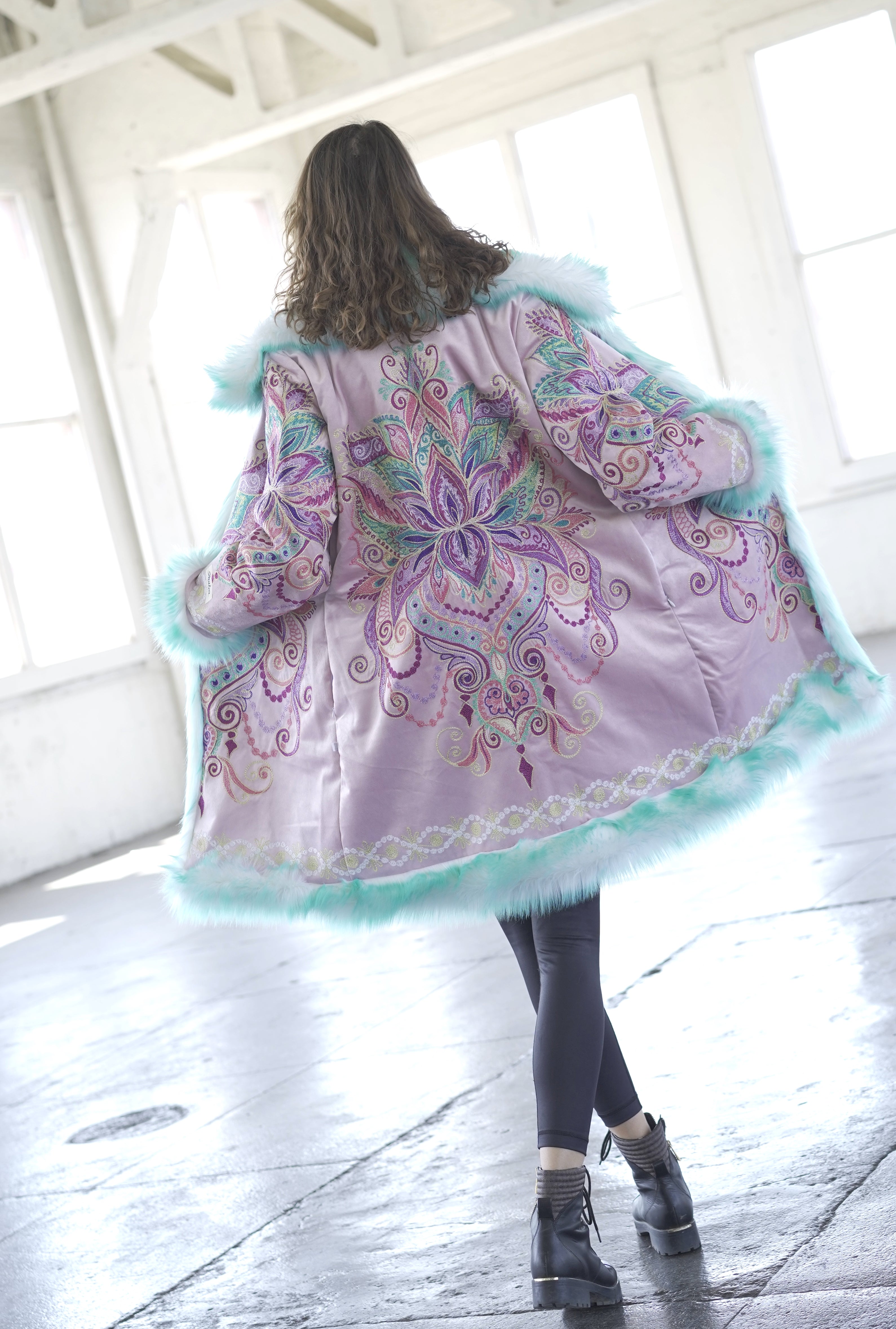 Mint faux fur Purple Flower coat for Burning Man, festivals and rave outfits