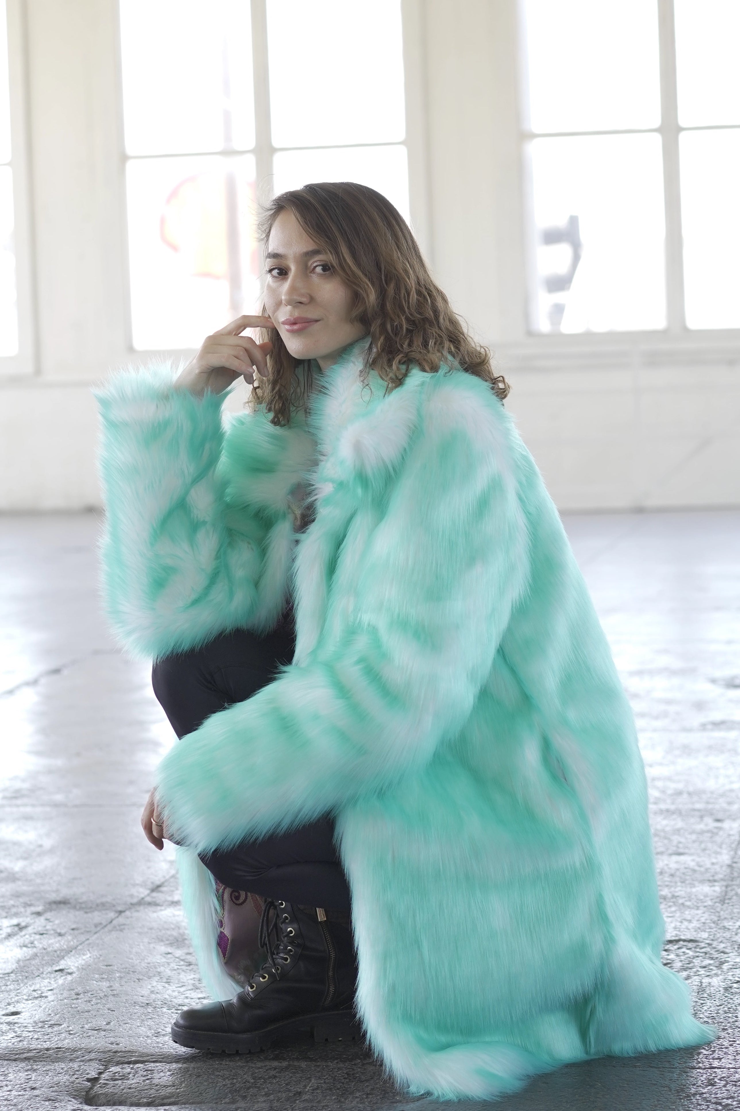 Mint faux fur Purple Flower coat for Burning Man, festivals and rave outfits for women