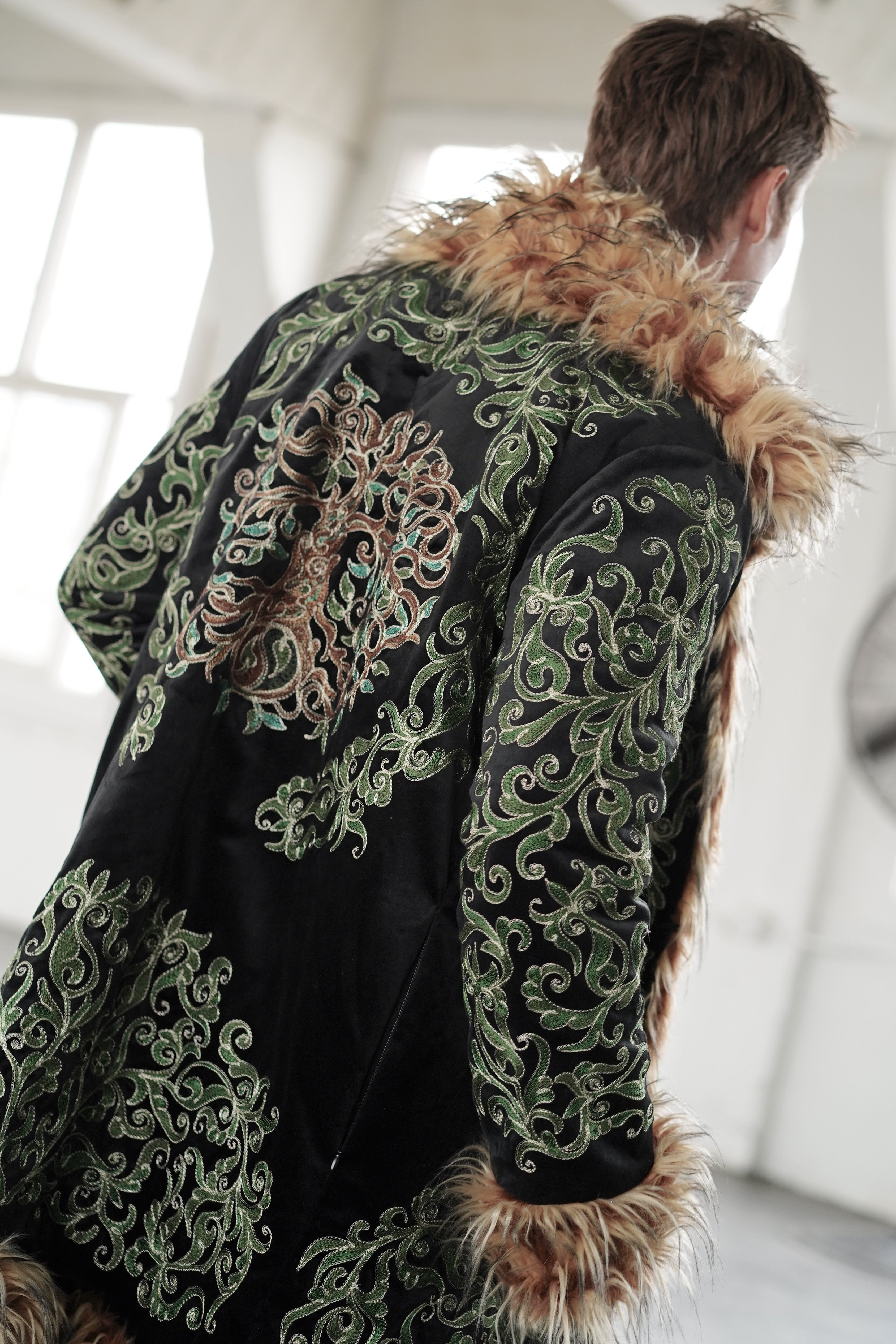 Tree of Life embroidered faux fur coat with green Uzbek embroidery and brown fur collar