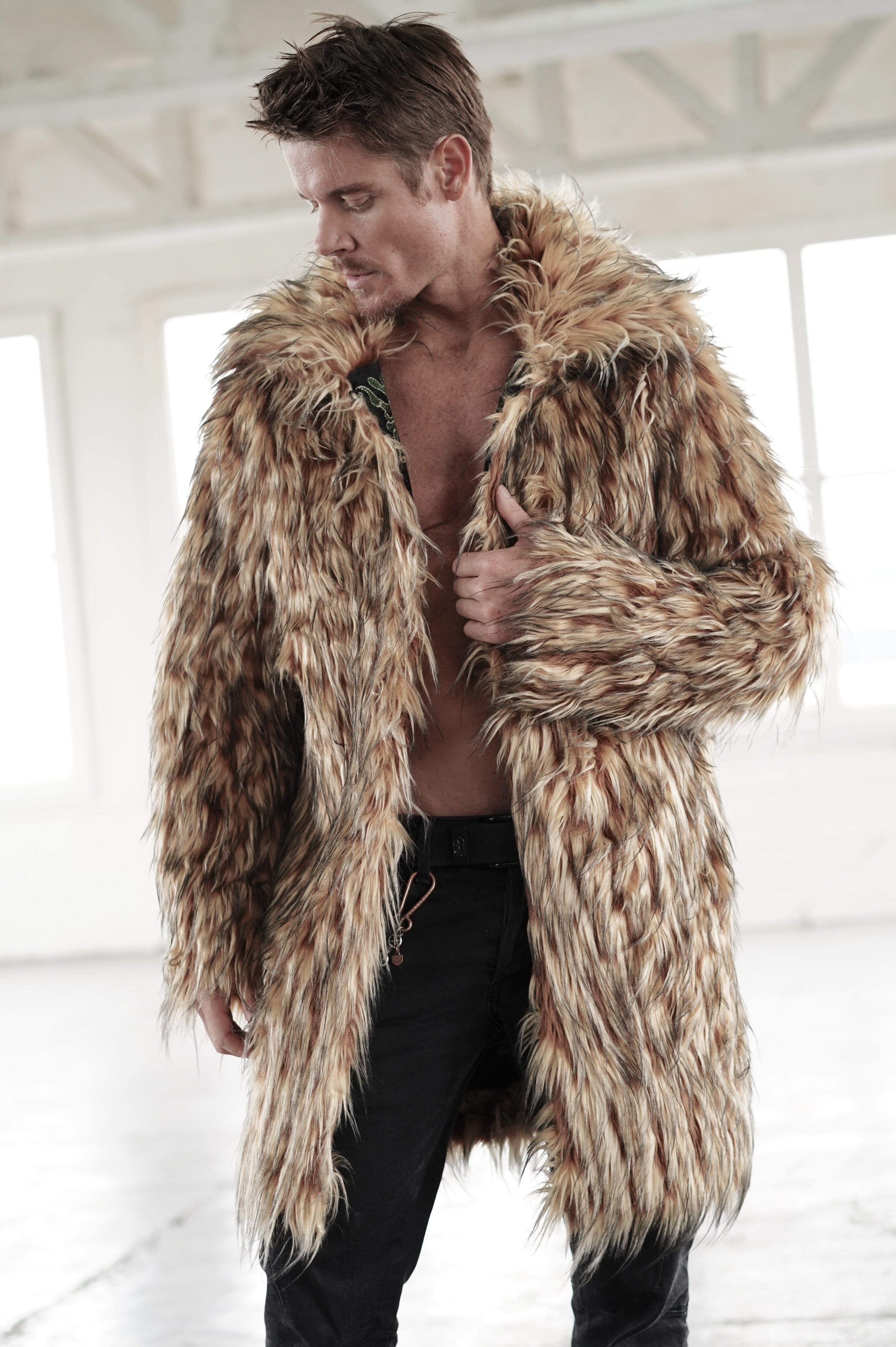 Reversible brown faux fur side of Tree of Life Embroidery Fur Coat for Burning Man festivals