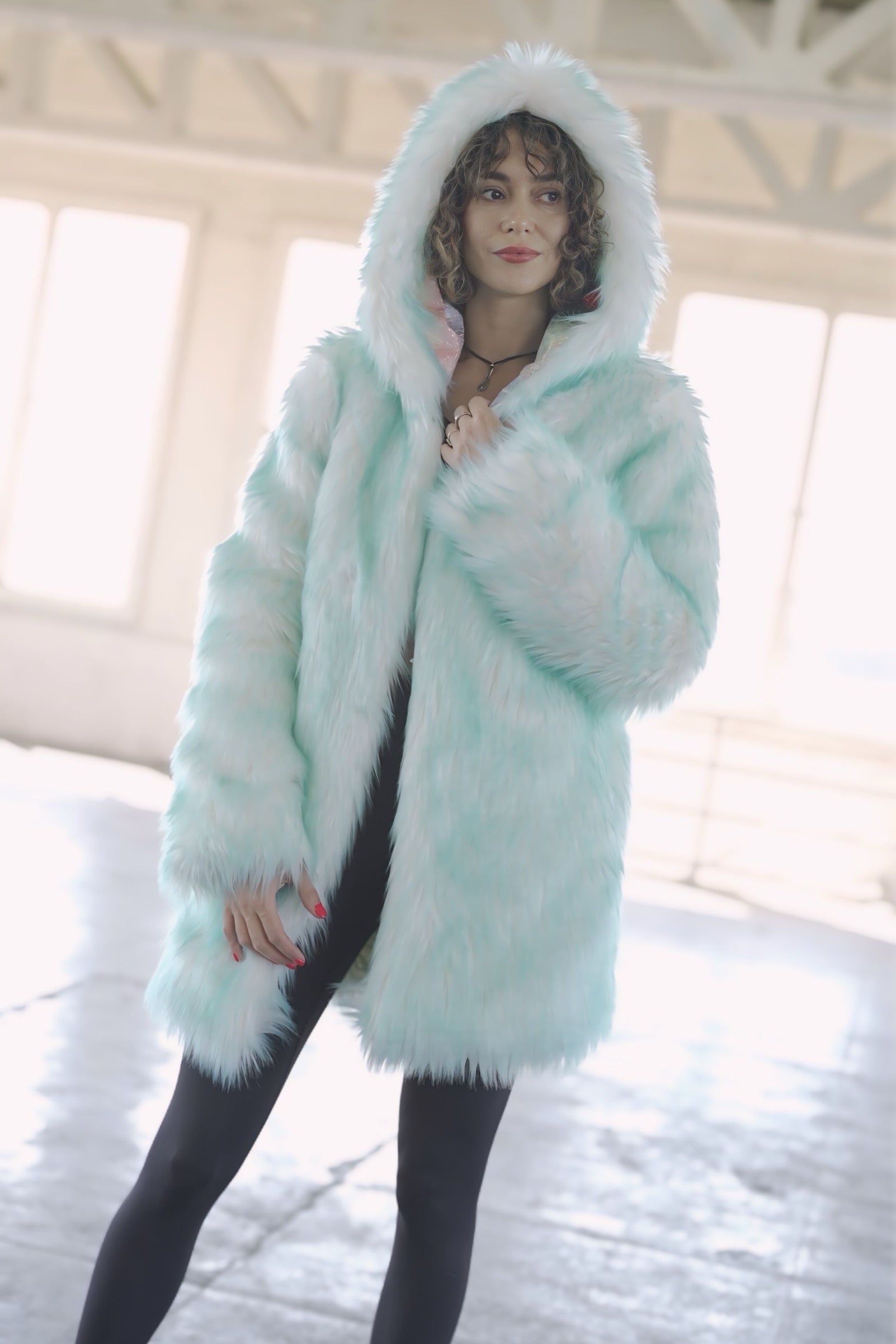Reversible Burning Man faux fur coat with hood