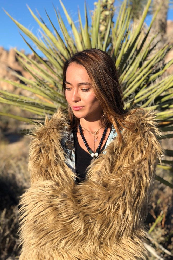 Womens shaggy faux fur coat, reversible Burning Man playa jacket and warm festival outerwear