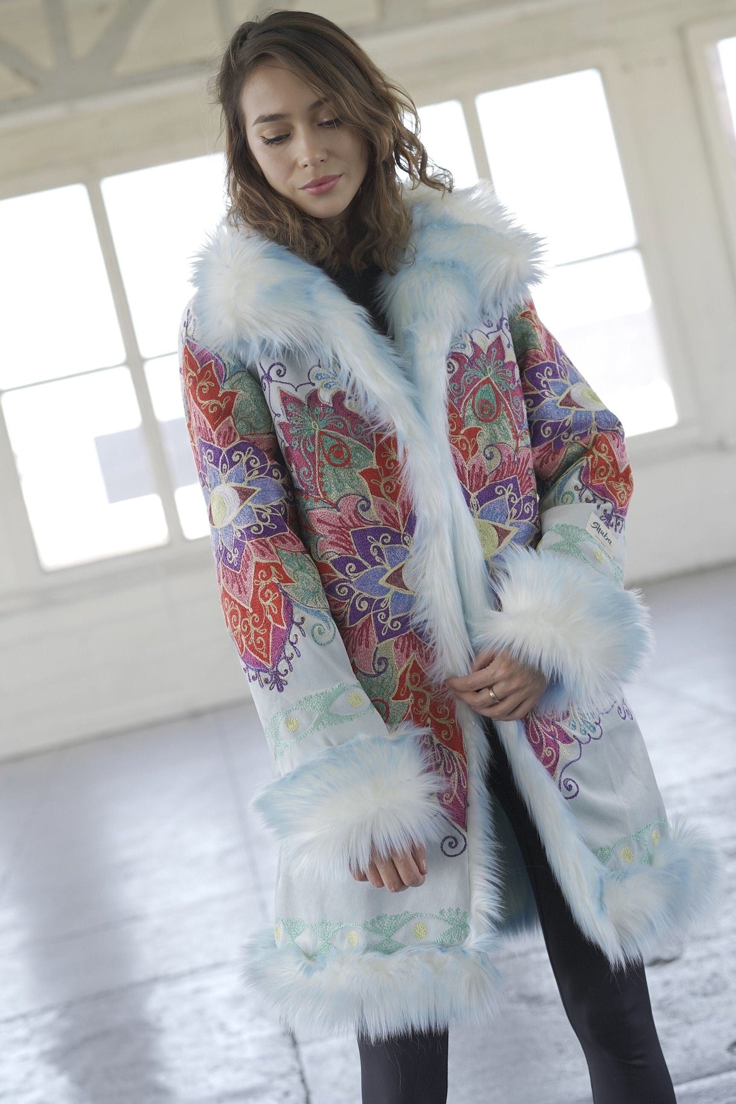 BLUE MANDALA Embroidery Fur Coat