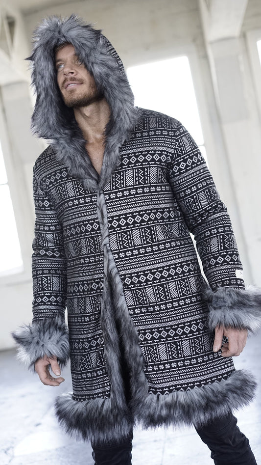 Reversible Faux Fur Hooded Coat: Gray Wolf Tribal Print Playa Wear