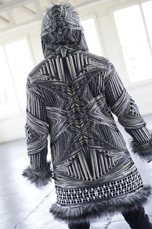 Geo Gray Faux Fur Coat, Reversible Hooded Jacket
