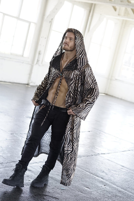 Gold Hooded Kimono Cape - Festival Rave Cardigan, Mens Boho Clothing