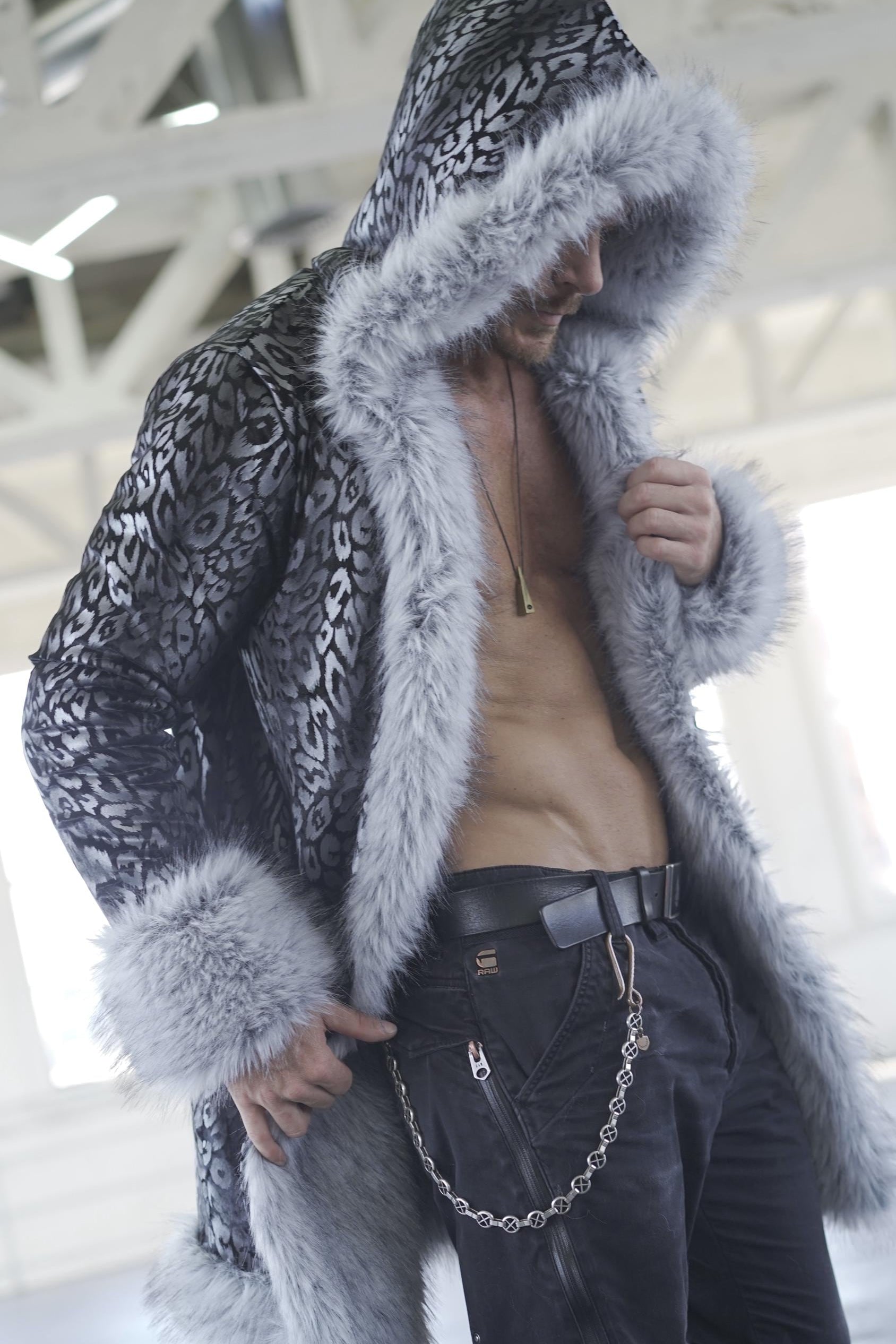 Fluffy Wolf Faux Fur Gray Warm Boho Disco Man Women Playa Wear Jacket Festival Mens Kimono Burning Man Coat Clothing Sequin Mask Hat Outfit