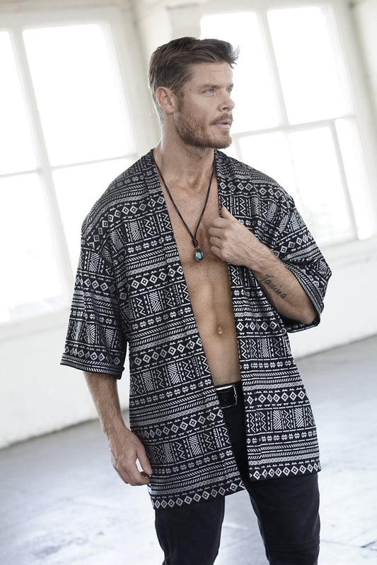 Tribal Print Kimono Robe - Boho Festival Shirt, Men's Cardigan